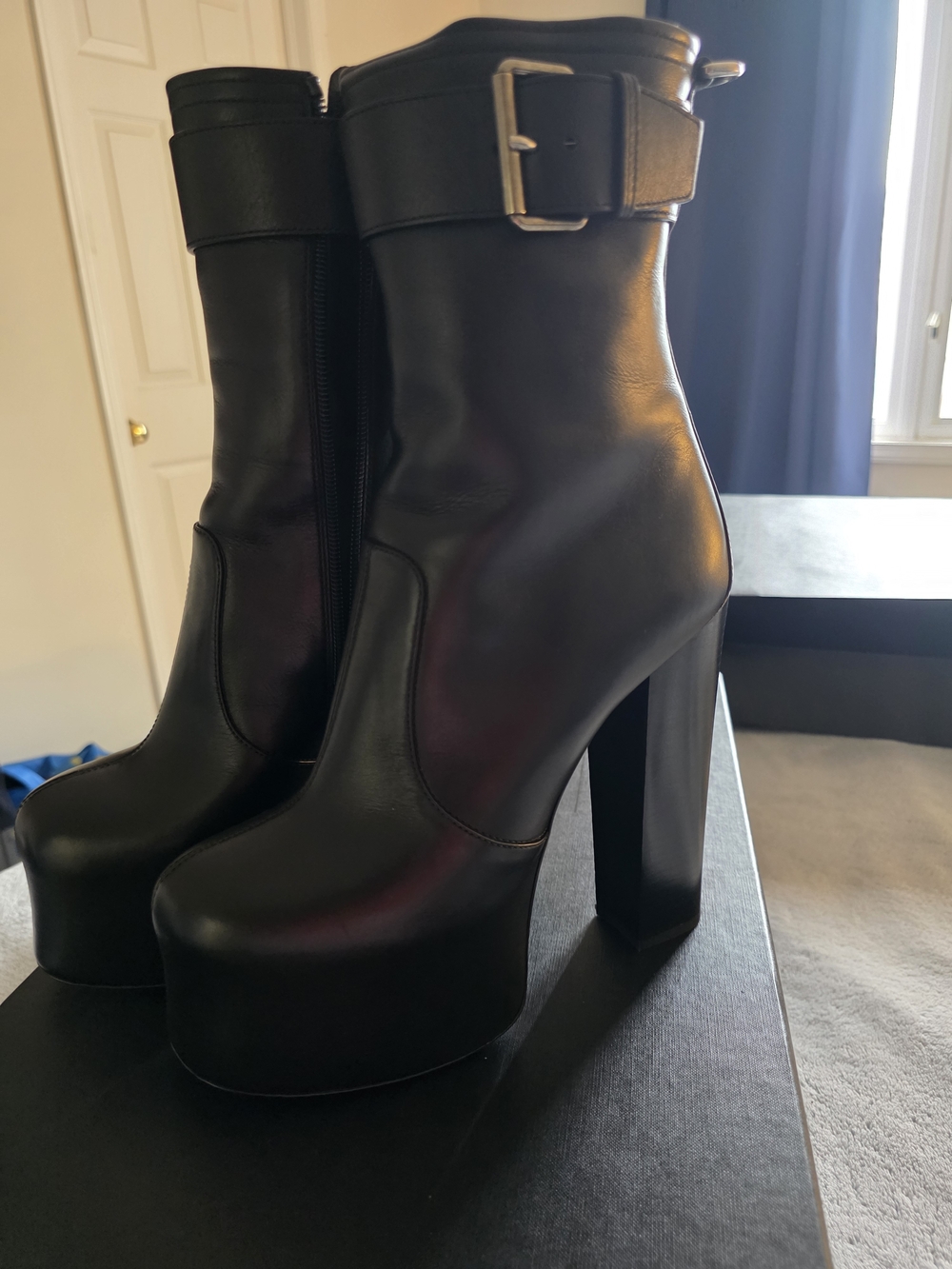 Yves Saint Laurent Black Leather Platform Ankle Boots with Buckle